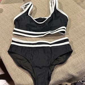 Black Swim Bikini Top and Bottom Set with White Trim